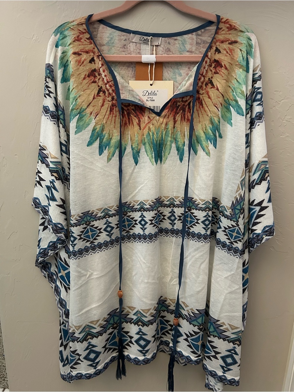 NWT Delila Boho Feather Tribal Tunic - Teal, Navy, Tan